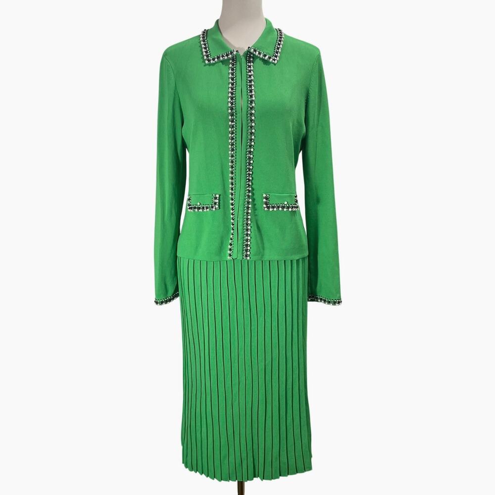 MTWT 9-5 Green Jeweled Knit Sweater Skirt Set Retro Academia Women's Small - Picture 3 of 11
